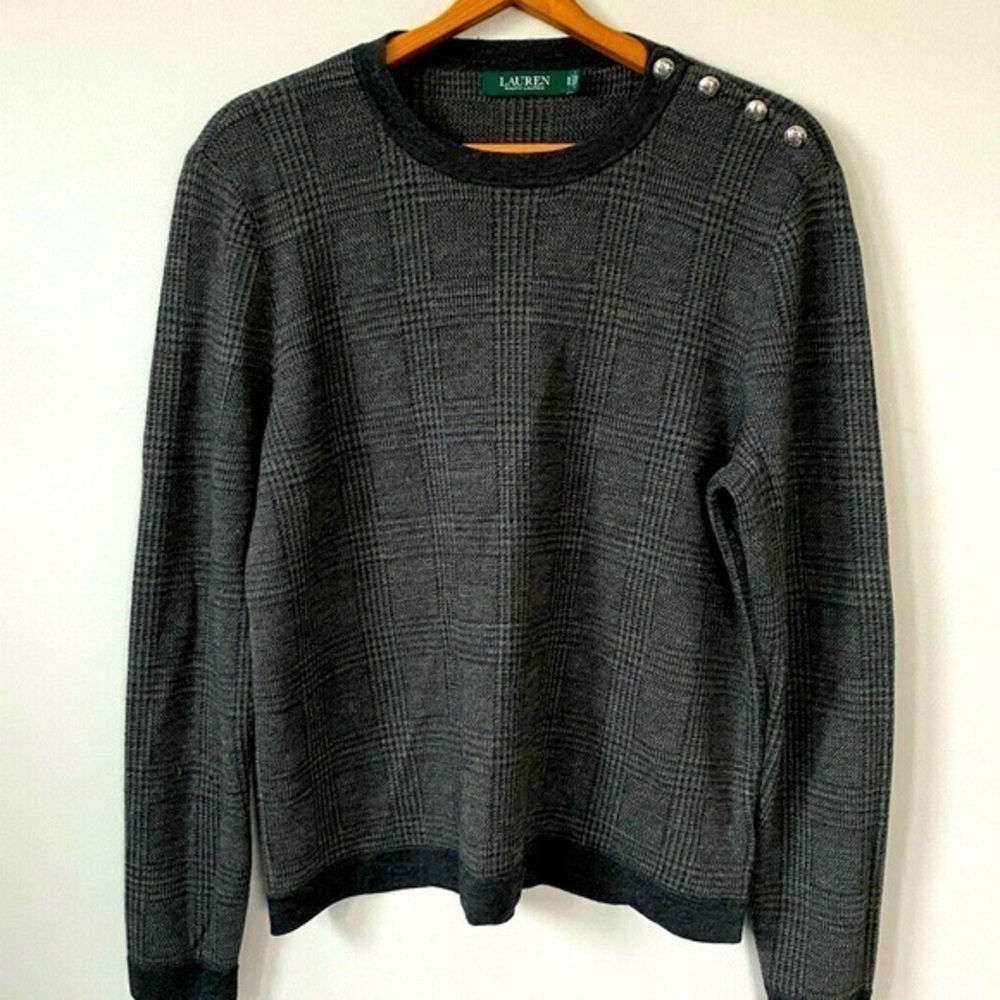 Woman’s Lauren Ralph Lauren Crewneck Hundstooth Pattern Sweater Pullover Gray XL